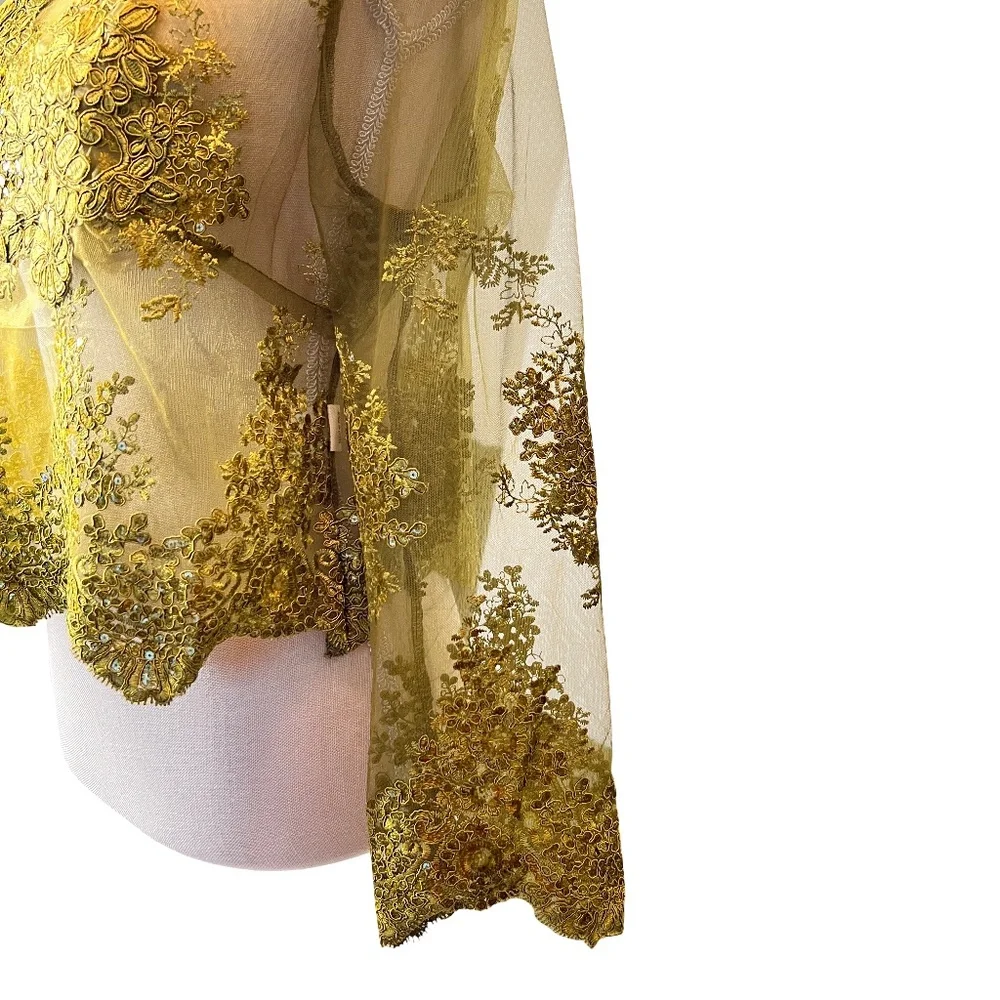 #A048   FT INC Olive Green Embroidered Mesh Top with High Neck, Sequins, XL - Picture 6 of 12